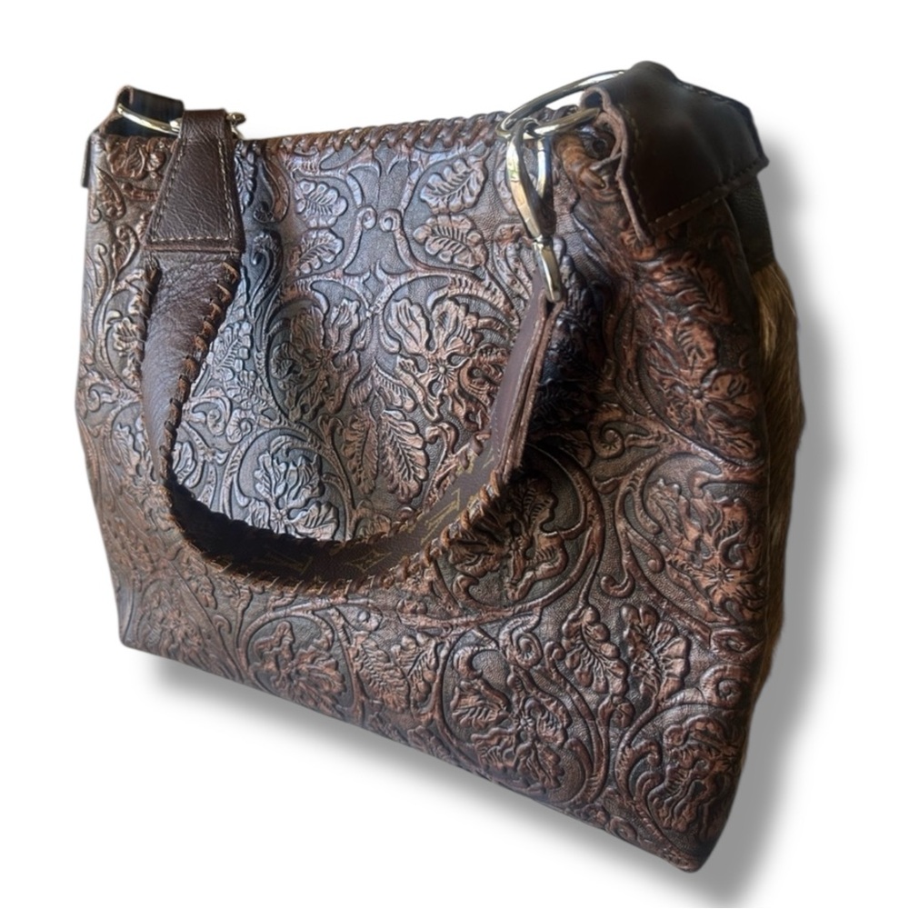 Axis Deer Hide Tooled Leather Tote Upcycled Louis Vuitton Inserts - Picture 3 of 17